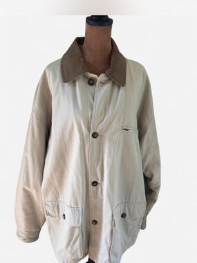 Geoffrey Beene Cotton Field Coat with Dark Brown Leather Collar Detail Mens